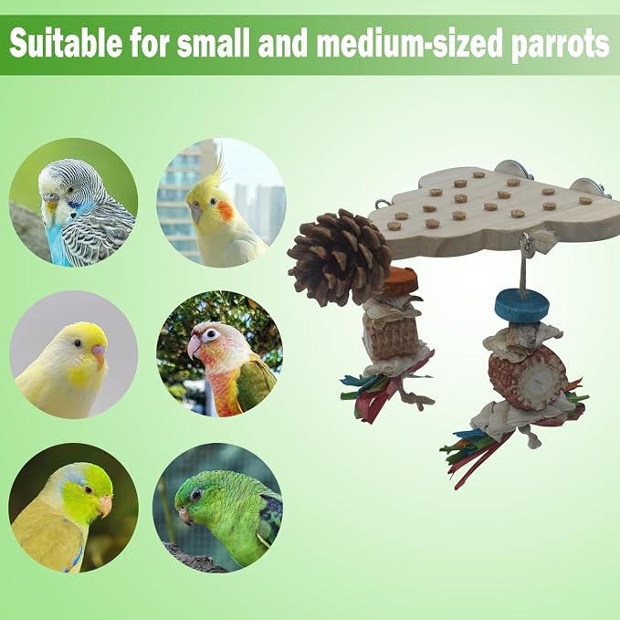 2 Pack Parrot Toys, Parrot Wooden Toys Long Tailed Bird Toys with Pure Natural Corn Sticks and Pure Natural Pine Cones, Fun Bird Cage Accessories