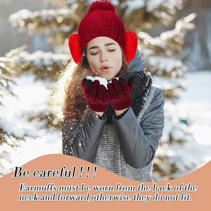 SATINIOR 5 Pcs Winter Hat Scarf Gloves Set Fleece Warm Lined Knit Beanie Hat Touch Screen Earmuff Gloves Warmer for Women(Wine Red,Classic Style)