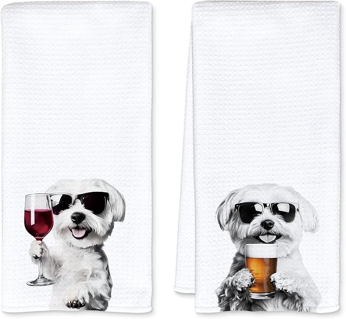 Funny Maltese Kitchen Towels Set of 2, Funny Kitchen Decor, Wine Station Wine Bar Decor, Black and White Maltese Owner Gift Hand Towel, Dining Room Decorative Tea Towel Dish Towels 16x24 Inch