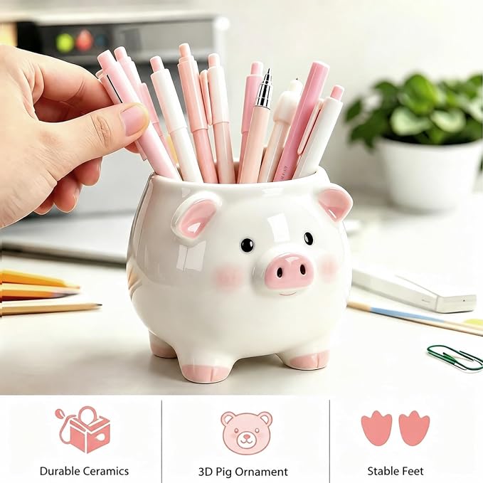 Ceramic Pig Shaped Pen Pencil Holder for Desk Decoration Accessories Pig Decor Makeup Brush Pen Cups Succulent Plant Pot Office School Ideal Gifts for Women, Mom or Birthdays