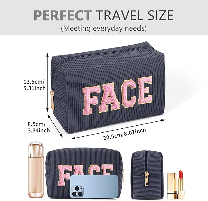 MAGEFY Small Makeup Bag for Purse Portable Makeup Pouch with Compartments Corduroy Make up Bag for Women Travel Cosmetic Essential (Dark Gray, FACE)