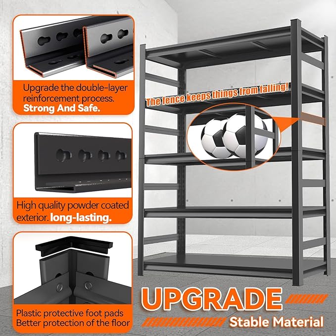 Metal Garage Shelving Unit, Heavy Duty 5-Tier Adjustable Storage shelves, Steel Shelving, 3000 lbs Capacity, Industrial Shelves for Heavy Tools and Equipment, Ideal for Garage, Basement, Black, 72"