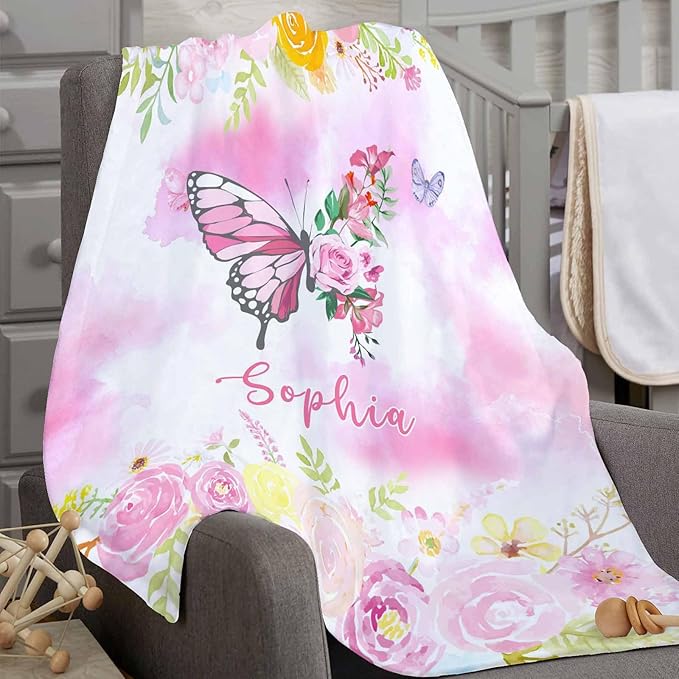 D-Story Ships Next Day, Custom Baby Blanket for Girls, Personalized Baby Gifts Butterfly Blankets, Customized Newborn Blanket with Name