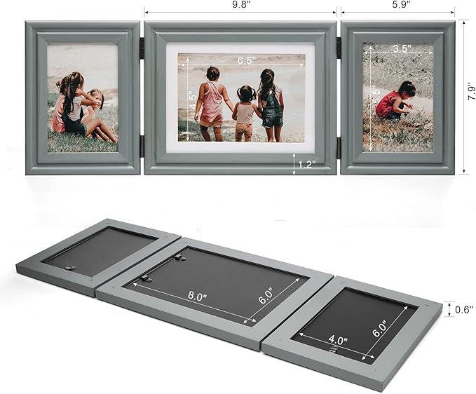 3 Vertical Horizontal 4X6 and 5X7 Picture Frames Hinged Wood Folding Photo Frames with Real Glass Front Fit for Desktop or Tabletop, Gray XHUI-V46H75V46