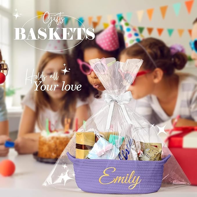 HUTARIO Personalized Woven Basket Embroidered Name with Gift Bags and Ribbons,Empty Small Rope Basket，Durable Storage Custom Purple Basket with Handles for Baby Showers,12"×8"×5"