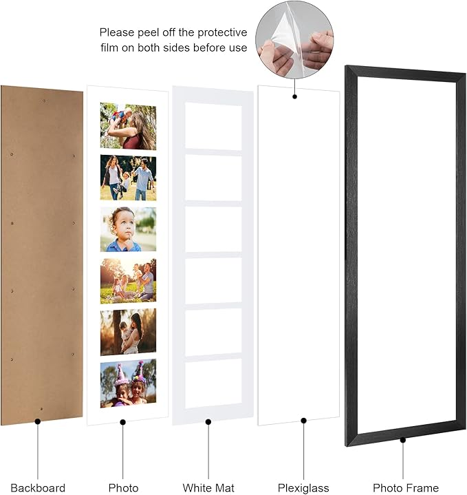 8x26 Collage frame with 6 Openings 4X6 Pictures, Multiple Picture Frame with Mat, Wall or Tabletop Decor, Black Wood Grain (1 Pack)
