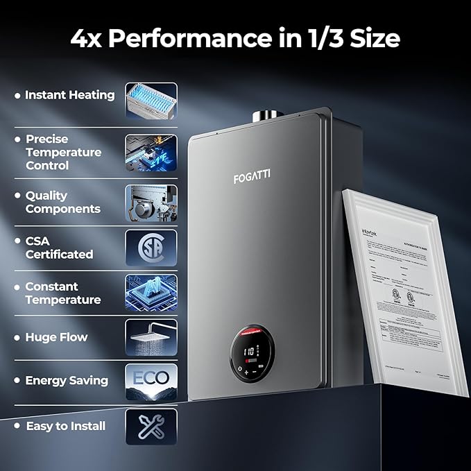 FOGATTI Propane Gas Tankless Water Heater Indoor - Max 7.5 GPM 170,000 BTU, CSA Certified Compact Design On Demand Instant Hot Water Heater - Instagas Comfort 170S Series
