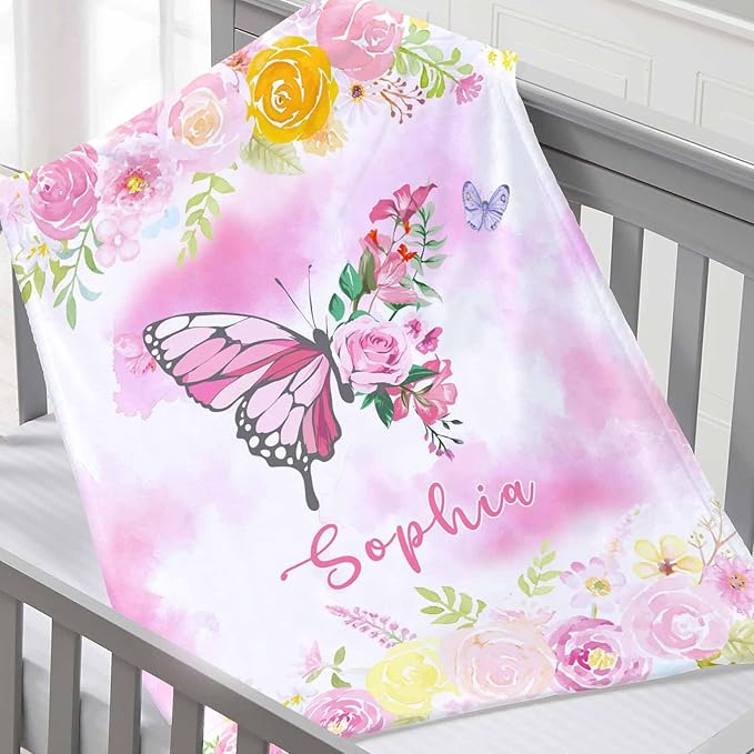 D-Story Ships Next Day, Custom Baby Blanket for Girls, Personalized Baby Gifts Butterfly Blankets, Customized Newborn Blanket with Name