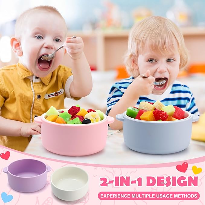 Domensi 4 Sets Kids Porcelain Bowls with Removable Silicone Sleeve 2-in-1 Porcelain Toddler Bowls Microwave Dishwasher Safe Cereal Snack Soup Dishes for Baby Children Feeding Supplies (Macaron Colors)
