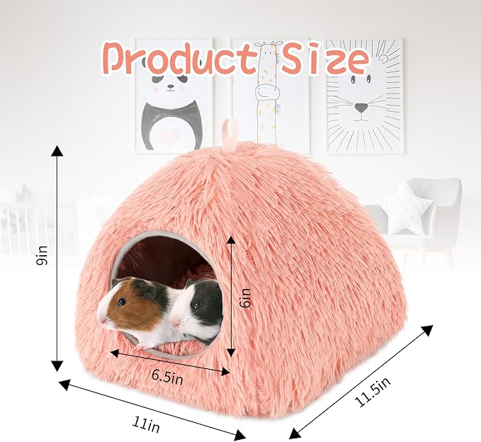 YUEPET Guinea Pig Bed Cave,Warm Bunny Hideout,Pink | Warm Guinea Pig House, Long Plush Fabric, Washable Removable Pad, Non-Slip Base, for Ferrets Hamsters Hedgehogs Dwarf Rabbits
