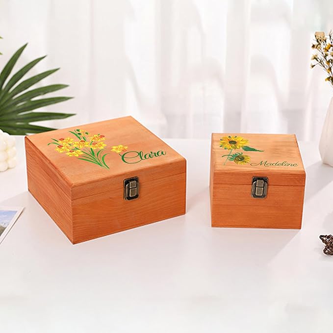 Personalized Wooden Keepsake Memory Box with Birth Flower & Name, Custom Wood Decorative Storage Box with Lids Customized Christmas Gift Box for Women Teen Girls Mom Birthday Gifts