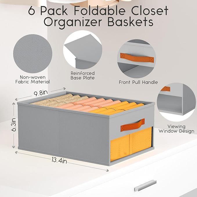 Drawer Organizers and Storage - 6 Pack Foldable Pants Organizer with Clear Window & Handles, Fabric Closet Organizer for Clothes, Jeans, Sweaters, Towels, T-shirt, Scarf (Grey)