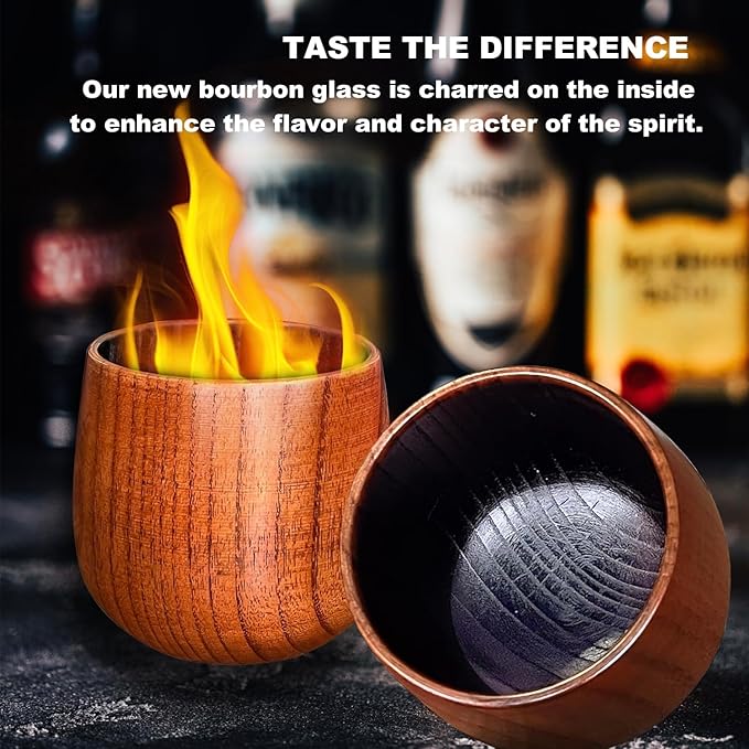 Charred Wooden Whiskey Glasses – 6 oz Bourbon Tumblers for Men with Burnt Interior – Old Fashioned Cocktail Cups – Gifts for Dad, Men, Brother, or Whiskey Lovers