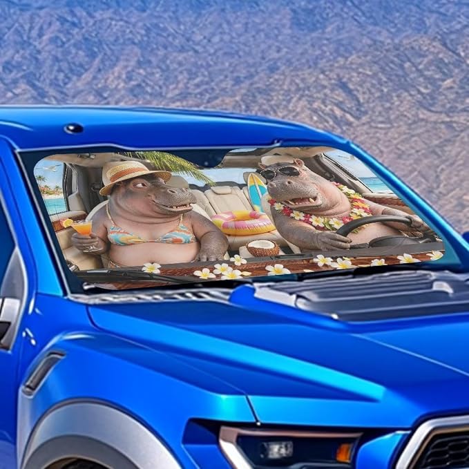 Funny Hippos Sun Shade for Car Windshield Foldable Front Windshield Shade for Sun Auto Vehicle Shield Reflective Sun Visor Block UV Rays Fit Car Front Window for Trucks SUV Van