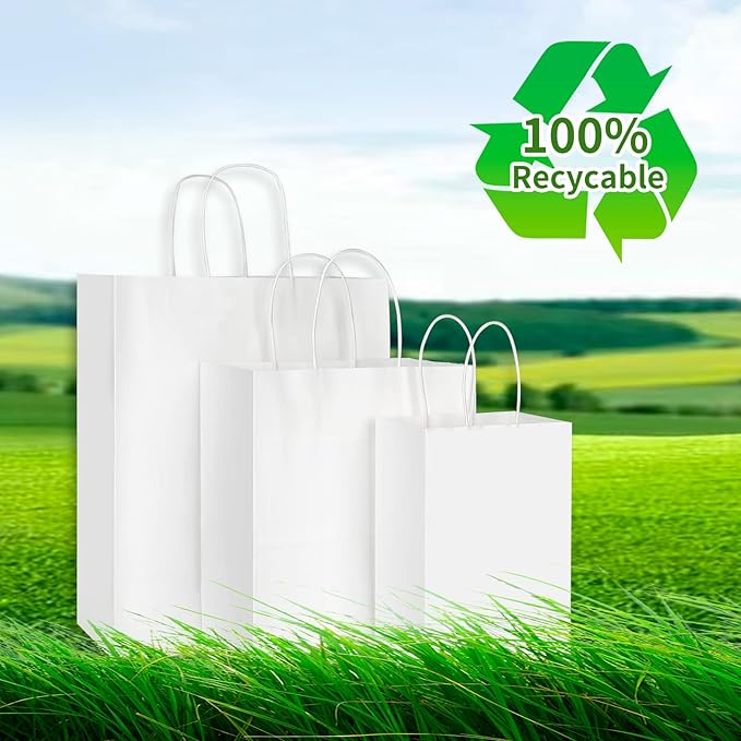 Toovip 90 Pack White Kraft Paper Bags with Handles Bulk, 3 Assorted Sizes Gift Wrap Bags for Favors Grocery Retail Party Birthday Shopping Business Goody Craft Merchandise Take Out Sacks