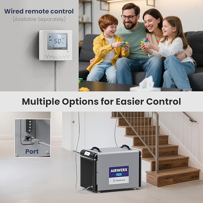 BaseAire 198 Pints Dehumidifier with Pump for Crawl Space, Basement, Portable AirWerx90X Commercial Dehumidifier for Whole Home, Intelligent Humidity Control, Auto Shut off Restart