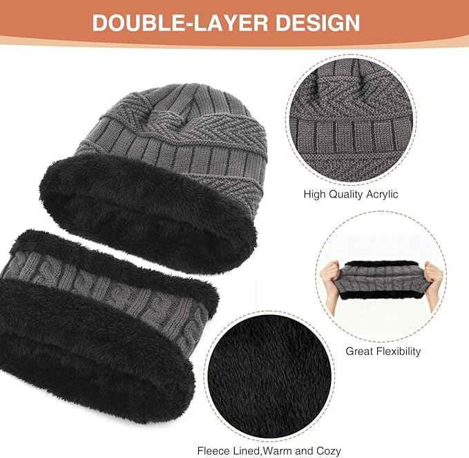Winter Beanie Hat Scarf Glove Set for Women Snow Knit Thick Fleece Lined Ski Hat,Mens Warm Neck Warmer Touchscreen Mittens