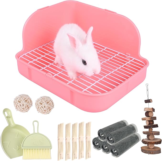 RUBYHOME Rabbit Litter Box Toilet, Plastic Square Cage Box Potty Trainer Corner Litter Bedding Box Pet Pan for Small Animals, Rabbits, Guinea Pigs, Chinchilla, Ferret, Galesaur, 11.4 Inches (Pink)