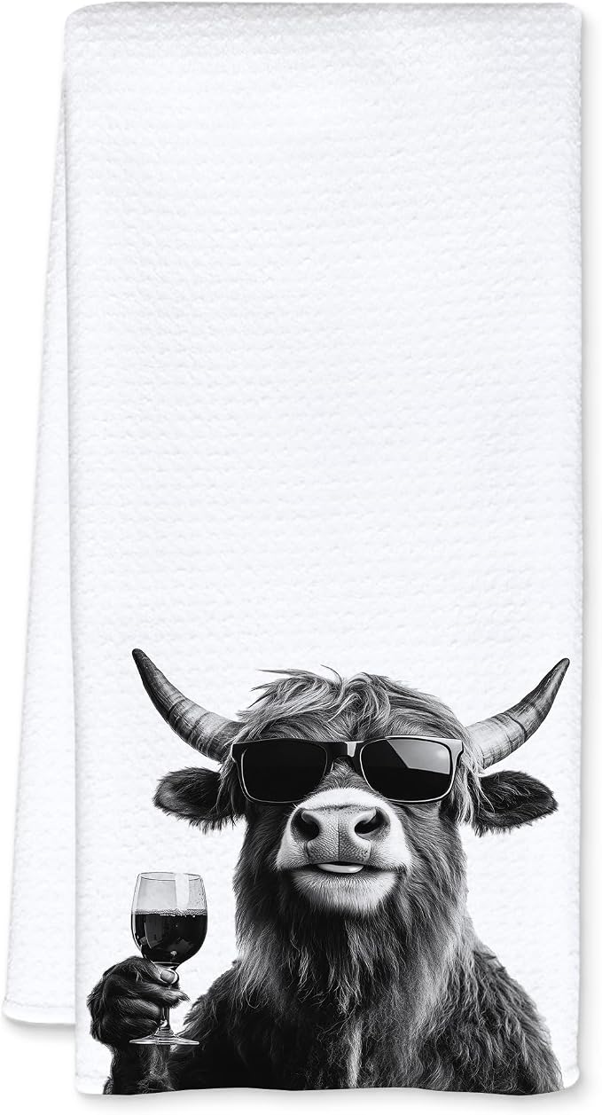 Funny Cow Decor Kitchen Towels, Cow Gift Dish Tea Towel for Kitchen Decor, Bar Towels for Bartender, Wine Lover Gifts, 16x24 Inch