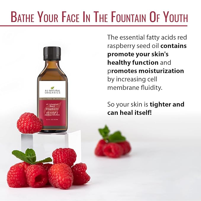 Au Natural Organics Red Raspberry Seed Oil - Natural Face, Body & Skin Care Beauty Oil - Rich in Omega 3-6-9 Fatty Acids - Moisturize & Rejuvenate | 3.4oz / 100ml