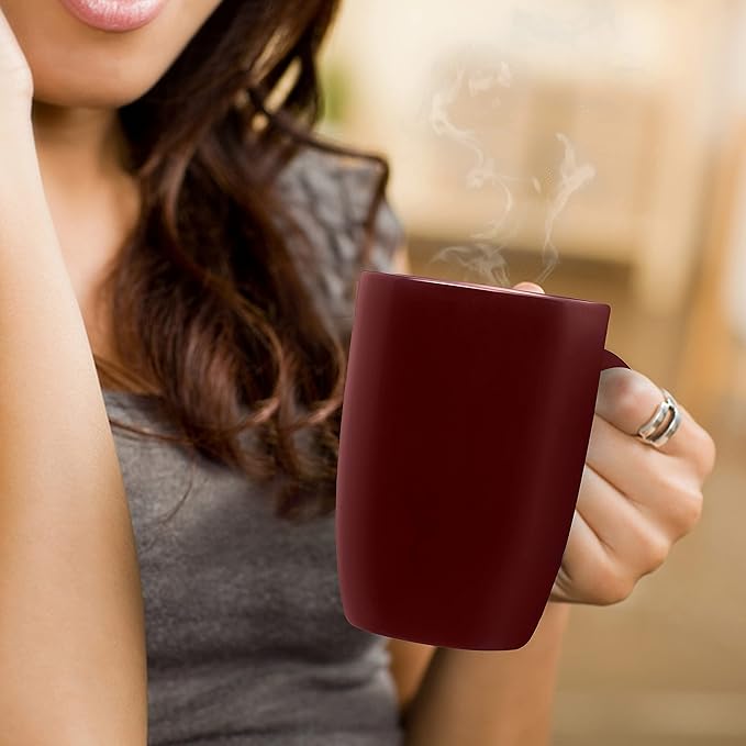 DISCOUNT PROMOS 10 Large Mocha Glossy Ceramic Coffee Mugs Set, 16 oz. - Stoneware, Smooth, Durable, C-handle - Maroon