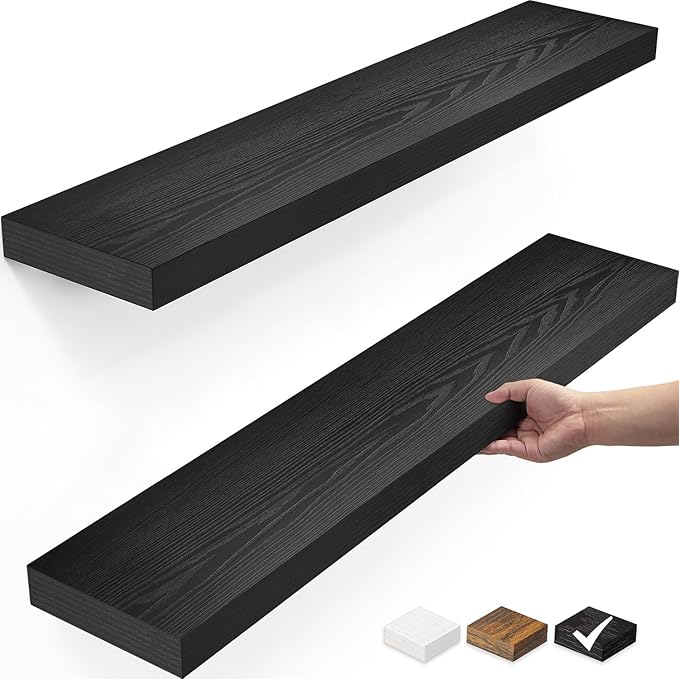 BAYKA Floating Shelves for Wall, 22.5" Wall Mounted Rustic Wood Shelves for Bathroom, Bedroom, Living Room, Kitchen, Office, Hanging Shelf for Books/Storage/Room Decor Capacity (Black, Set of 2)