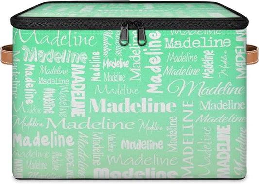 Custom Storage Basket with Name, Personalized Keepsake Box with Zipper Lid, Foldable Fabric Memory Bin Large capacity with Handle Green Gradient