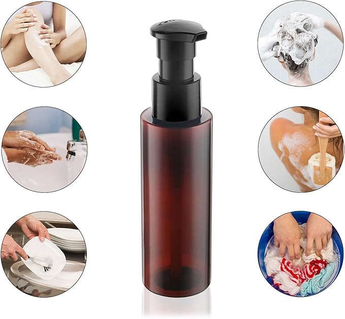 Cosywell Plastic Pump Bottles Dispenser Leak Proof 3.5oz/105ml 5 Pack Portable Empty Refillable Container Brown Plastic Lotion Pump Dispenser Bottle for Facial Cleansing Oil Shampoo Shower Gel