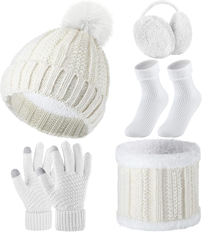 SATINIOR 5 Pcs Winter Hat Scarf Gloves Set Fleece Warm Lined Knit Beanie Hat Touch Screen Earmuff Gloves Warmer for Women(White,Classic Style)