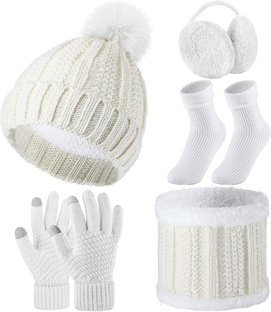 SATINIOR 5 Pcs Winter Hat Scarf Gloves Set Fleece Warm Lined Knit Beanie Hat Touch Screen Earmuff Gloves Warmer for Women(White,Classic Style)