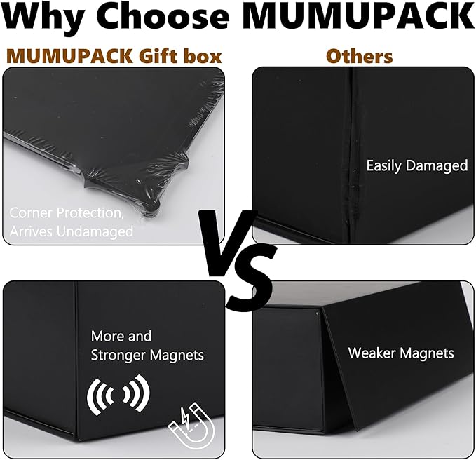 MUMUPACK 4 Pack Black Gift Boxes With Lids,12x8x4.5 Inch Bridesmaid Proposal Box And Printable Stickers,Proposal Boxes With Ribbon For Wedding, Packaging, Present, Birthday
