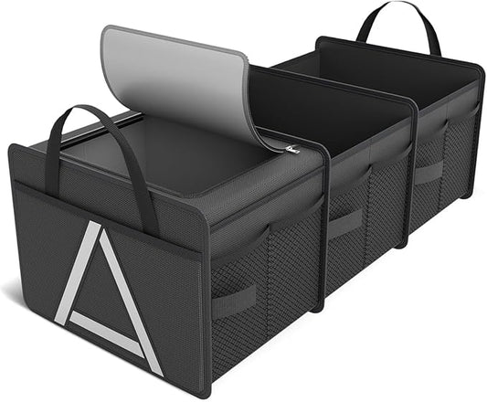 K KNODEL Sturdy Car Trunk Organizer with Premium Insulation Cooler Bag, 3 Compartments Heavy Duty Collapsible for Car, SUV, Truck, or Van (Medium, Black)