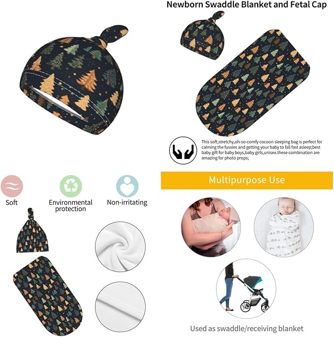 Christmas Baby Swaddle Blanket and Hat Set for Newborn Boys Girls Soft Infant Wrap Sleep Christmas Gold Tree