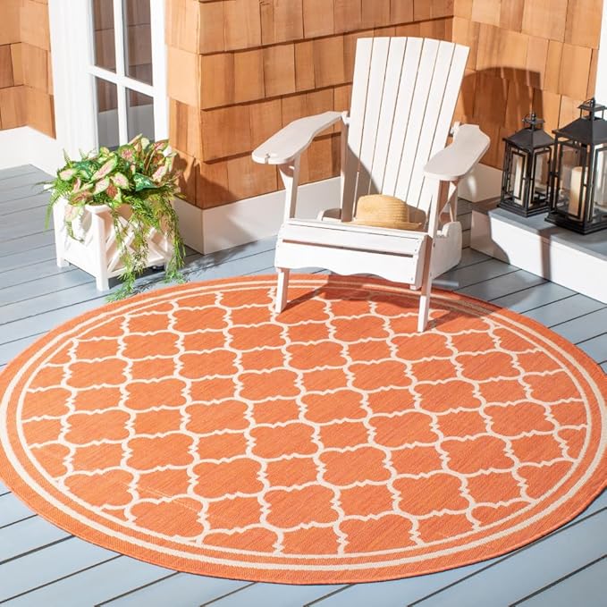 SAFAVIEH Washable Rug Outdoor Courtyard Collection - 7'10" Round, Terracotta & Bone, Non-Shedding & Easy Cleaning, Ideal for Patio, Backyard, Mudroom (CY6918-241)