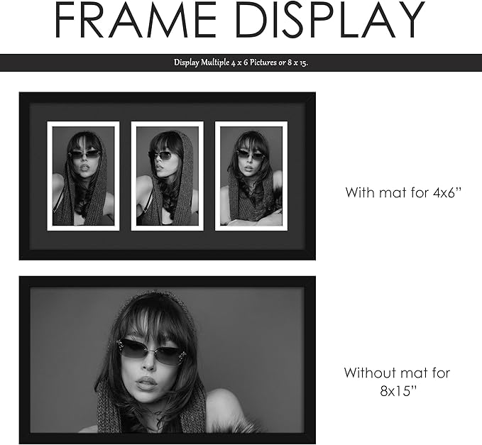 8x15 Collage Picture Frame, 4x6 Collage Picture Frame, Displays Three 4x6 inch Photos, Wall Decor Wall Hanging or Tabletop, Black Mat.