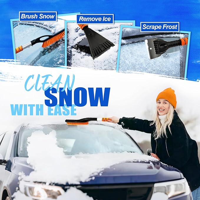 DIYSELF 27" Snow Brush with Two-Size Ice Scrapers for Car Windshield, 4 Pack Detachable Snow Removal Tool, Ergonomic Foam Grip, Snow Scraper for Car, Trucks, SUV, Christmas Stocking Stuffers for Men