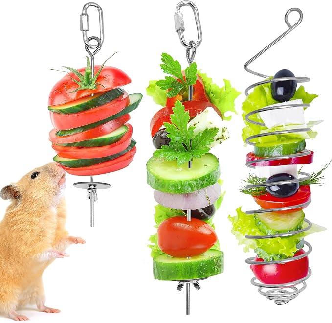 3 PCS Rat Enrichment Toys Stainless Steel Rat Foraging Toy Hanging Slow Feeder Mice Fruit Vegetable Skewer Food Holder Cage Accessories for Rodent Dwarf Hamster Gerbil