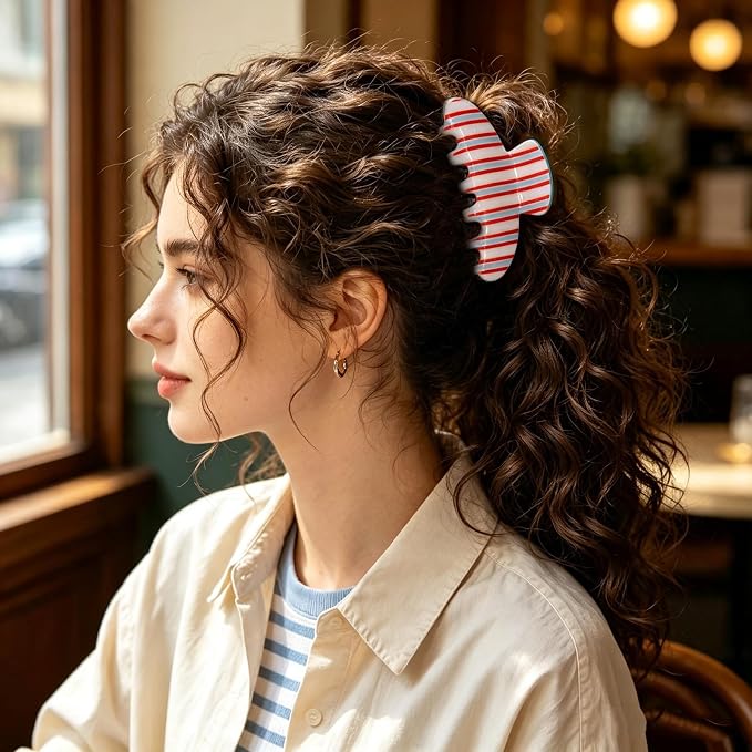 Red Blue White Stripe Hair Claw Clips Strong Hold Hair Clips Retro Jaw Clip | Funny Candy Color Lines Hair Barrettes Cute Stripes Hair Accessories Nonslip Grip Clips for Women Daily Holiday Party Styling