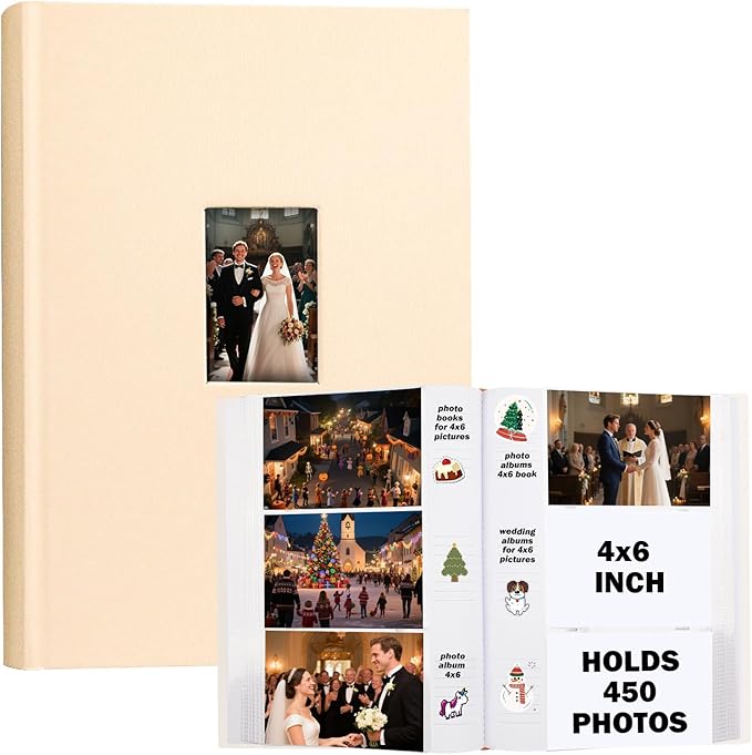 Ruibytree Photo Album with Writing Space 4x6 450 Photos,Leather Cover with Front Window Picture Album,4 x 6 Photo Book for Wedding Kids Travel Pets Family Baby Couple (Beige)
