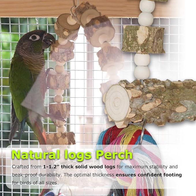 Bird Perch Swing, Large Natural Wood Parrot Toys, 1PC Parrot Swing and 2PCS Perches, Bird Cage Accessories