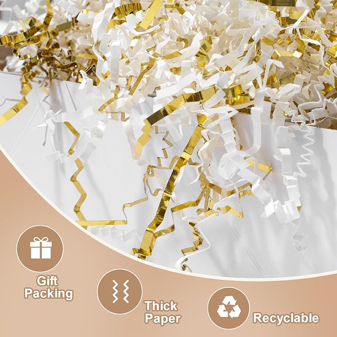 Wowxyz 2 LB Crinkle Cut Paper Shred White & Gold Gift Box Filler - Baskets Stuffing Shredded Paper Confetti for Christmas, Holiday Gifts Packaging Wrapping