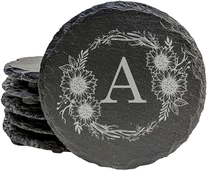 Personalized Monogram Family Coasters, Natural Stone Set, Birthday, Wedding, Customized, Rustic - Round Slate - Set of 6