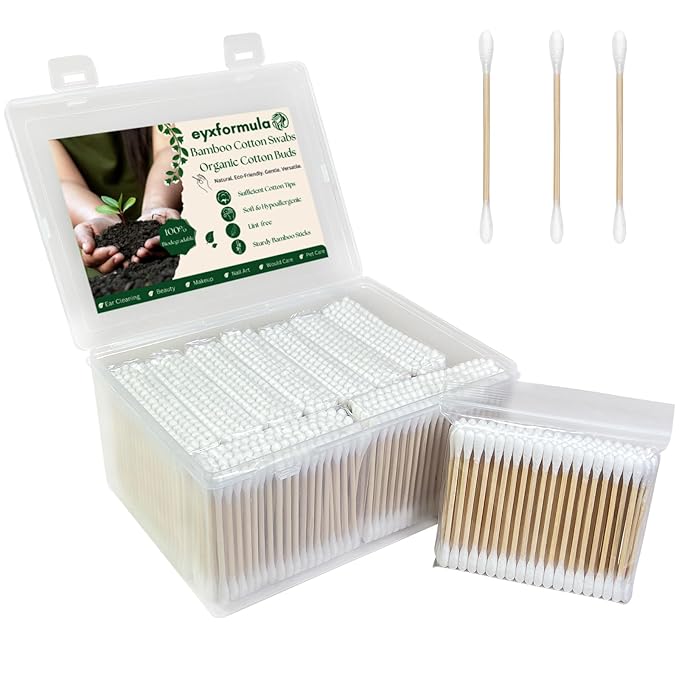 Eyxformula 1000 Count Organic Cotton Swabs, FSC Certified, Biodegradable, Double-Tips - Stronger Bamboo Sticks & Extra Cotton Buds for Ear Cleaning, Makeup, Beauty, Personal Hygiene, First Aid, Crafts