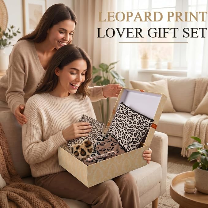 Talltalk 6 Pcs Leopard Gifts for Women Leopard Print Gift Set, Socks Canvas Bag Makeup Bag Spiral Notebook Ballpoint Pen and Artificial Fur Keychain for Christmas Birthday Graduation Thanksgiving
