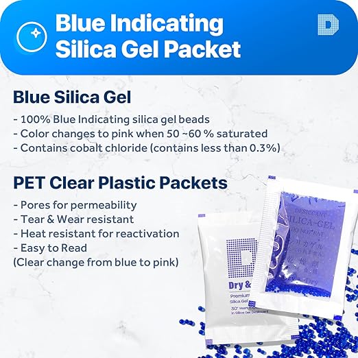 Dry & Dry 5 Gram [50 Packets] Blue Indicating(Blue to Pink) Silica Gel Packets Desiccants Silica Gel Packets - Rechargeable Silica Packets, Silica Gel, Silica Gel Packs