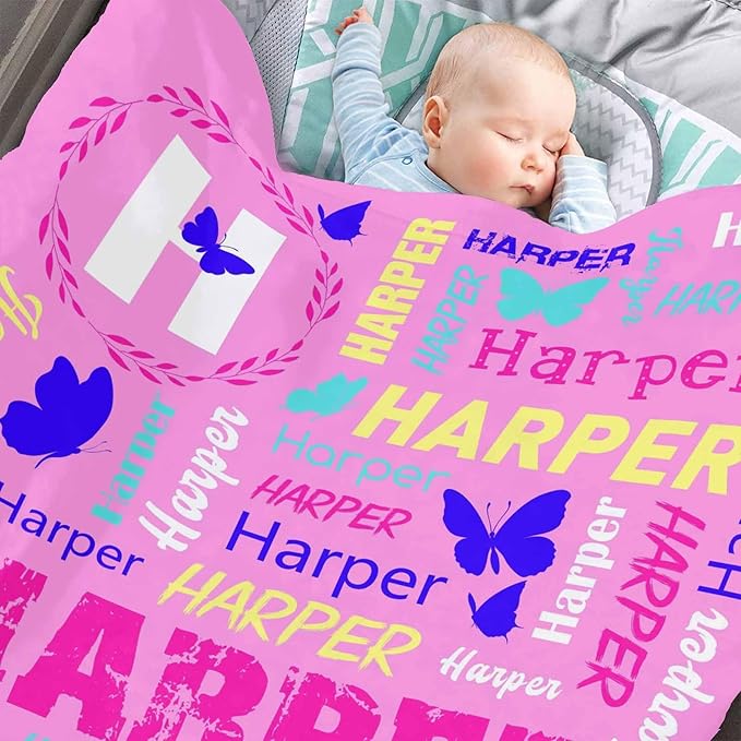 Ship Next Day, Personalized Baby Blanket for Boys Girls, Custom Butterflies Blanket with Name Super Soft Plush Flannel, Easter Christmas Brithday Gifts for Baby Shower Kids Toddlers Newborn