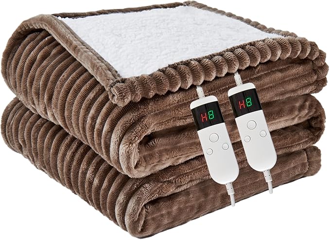 Heated Blanket Electric Queen, Soft Flannel Heating Blanket with 8 Hours Auto Off 10 Fast Heating Levels Machine Washable Sherpa Heated Blanket with Overheating Protection
