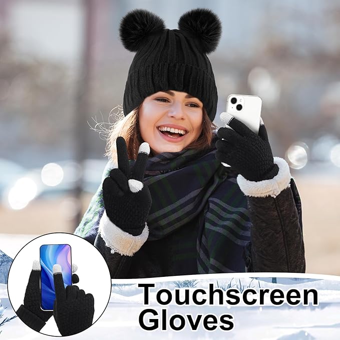 SATINIOR 5 Pcs Winter Hat Scarf Gloves Set Fleece Warm Lined Knit Beanie Hat Touch Screen Earmuff Gloves Warmer for Women(Black,Cute Style)