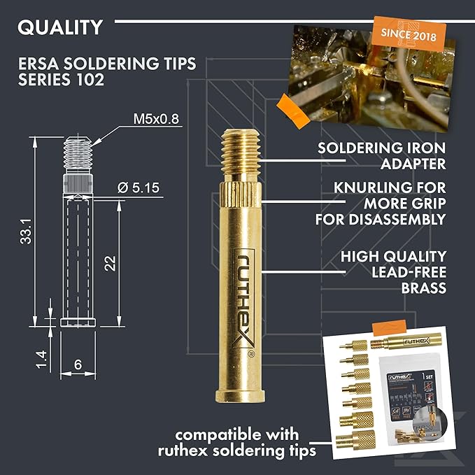ruthex 2x Soldering Tip adapter for ERSA series 832, 842 & 102 - Soldering Iron Tip compatible with ERSA Soldering Iron i-Tool Pico, PTC 70 for inserting threaded inserts in 3D printing