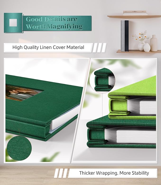 Photo Album Self Adhesive Scrapbook Album for 3x5 4x6 5x7 8x10 Pictures,40 Pages Linen Cover with Display Window DIY Photo Book,Ideal Gifts for Family Travel Wedding Baby